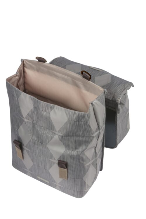 Dubbele Fietstas Basil Elegance Chateau Taupe – stijlvolle waterafstotende fietstas van Basil, verkrijgbaar bij Bike by Mike.