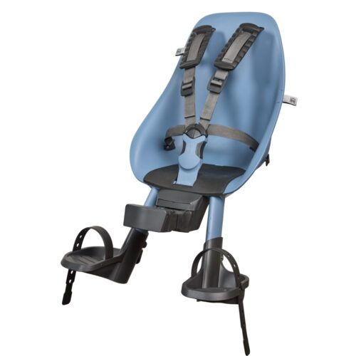 Urban Iki Ta-ke voorzitje in Fuji Blue/Bincho Black op een fiets gemonteerd, geschikt voor kinderen van 9 maanden tot 3 jaar