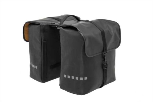 New Looxs Odense Double MIK 39L dubbele fietstas zwart met MIK adapter, waterafstotend materiaal en reflectie, gemonteerd op bagagedrager